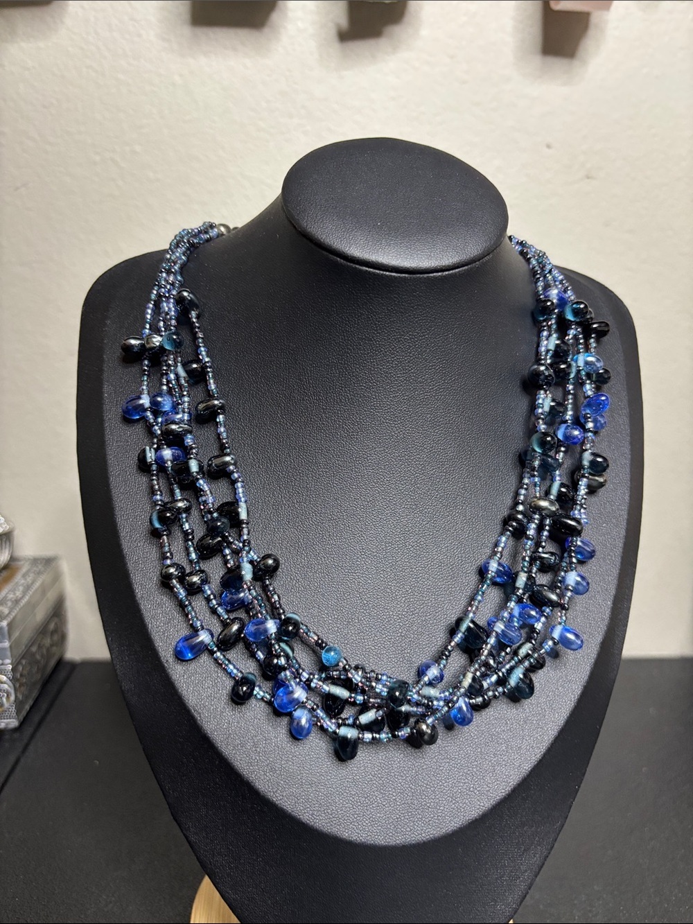 Multi-Strand Elegant Glass Blue Black Beaded Necklace Statement